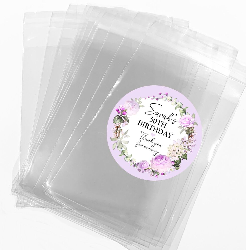  Lilac Vintage Roses Wreath Personalised Birthday Favour Bags With Stickers Kits