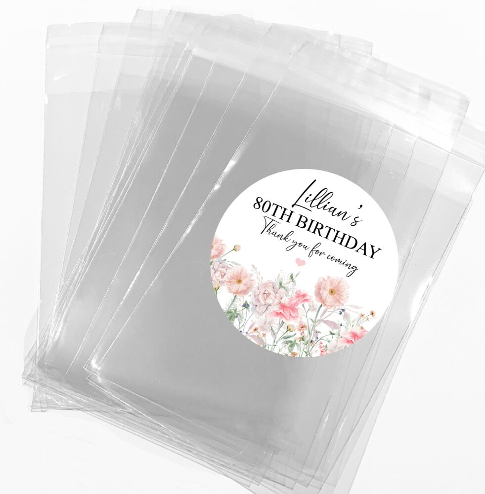 Pink Wild Flowers Personalised Birthday Favour Bags With Stickers Kits