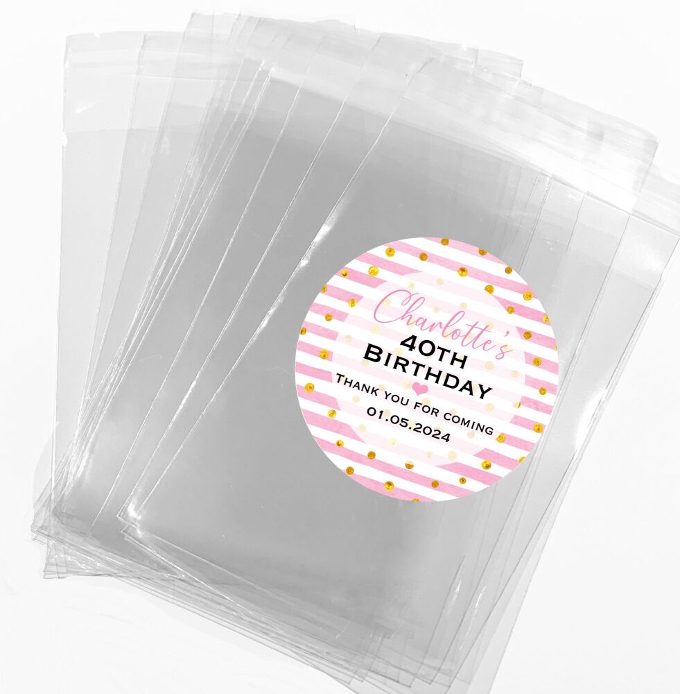  Pink And Gold Stripes Confetti Personalised Birthday Favour Bags With Stickers Kits