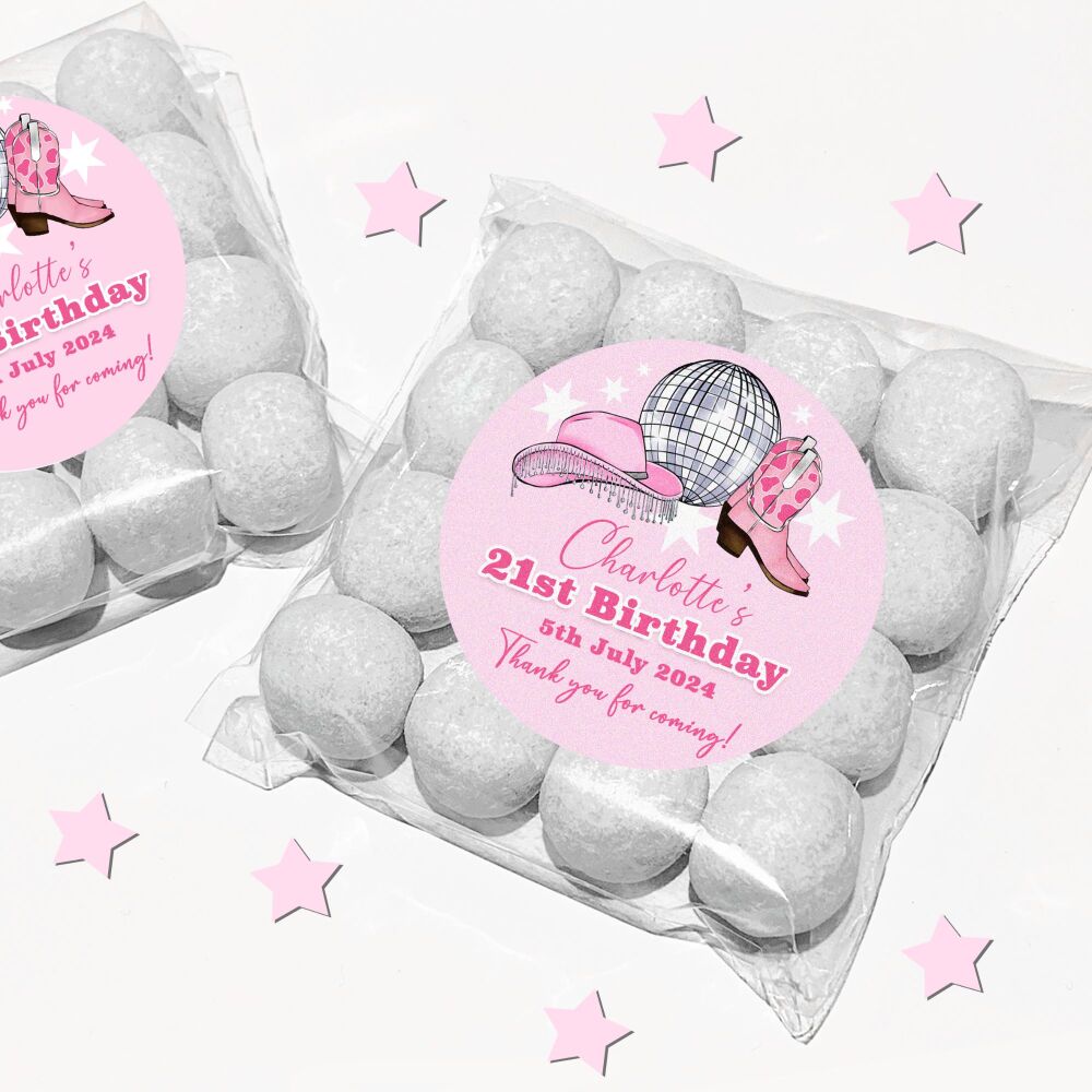 Personalised Birthday Favour Bags With Stickers Kits Pink Cowgirl Disco