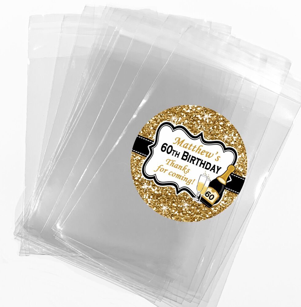 Gold Glitter Champagne Age Personalised Birthday Favour Bags With Stickers Kits