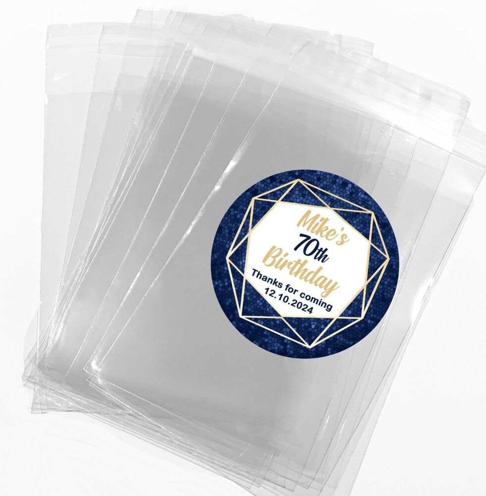 Navy And Gold Geometric Frame Personalised Birthday Favour Bags With Stickers Kits