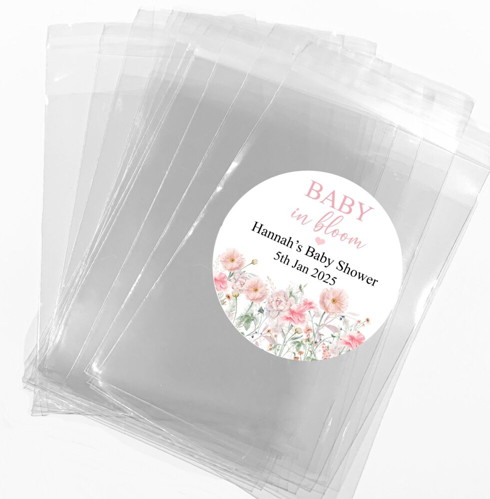 Pink Baby In Bloom Baby Shower Favours Sweet Bags With Stickers Kits