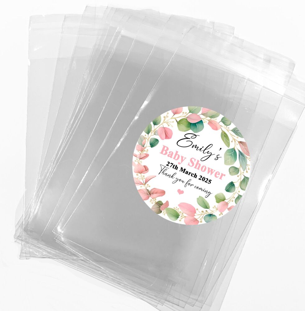  Pink And Green Petals Baby Shower Favours Sweet Bags With Stickers Kits