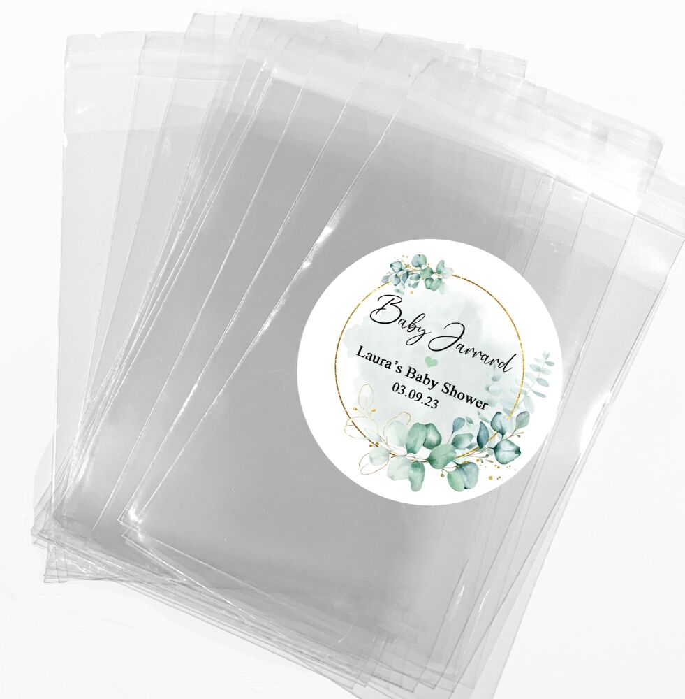 Eucalyptus Gold Frame Baby Shower Favours Sweet Bags With Stickers Kits
