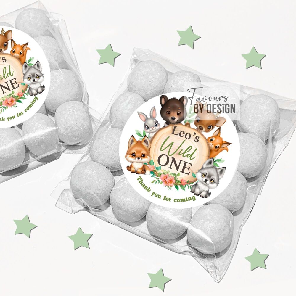 Personalised Birthday Favour Sweet Bags & Stickers Kits Wild One Animals x1