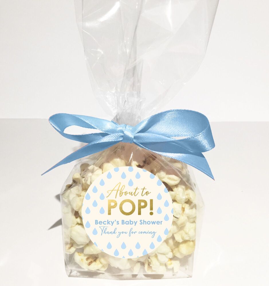 Blue About To Pop Popcorn Baby Shower Party Favour Bags Kits Raindrops x1