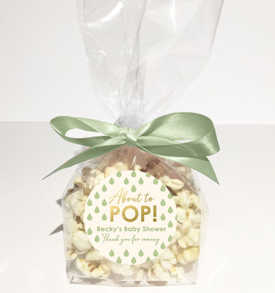 About To Pop Popcorn Baby Shower Party Favour Bags Kits Green Raindrops x1