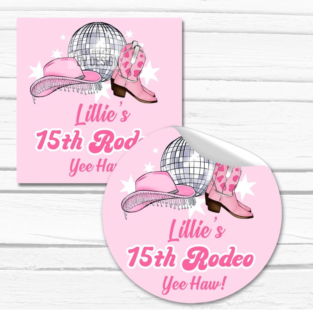 First Rodeo Disco Personalised Birthday Stickers Party Bag Labels