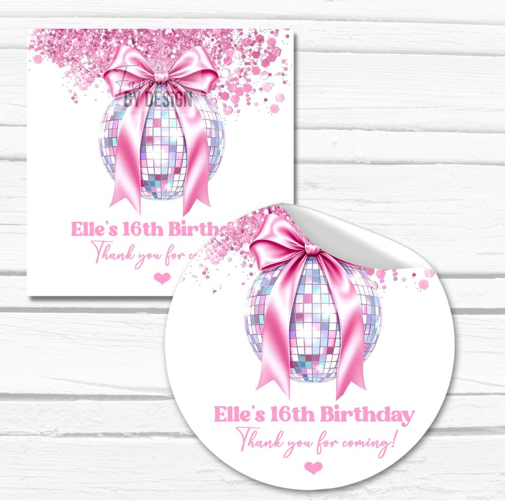 Pink Confetti Disco Ball Bow Birthday Party Bags Stickers