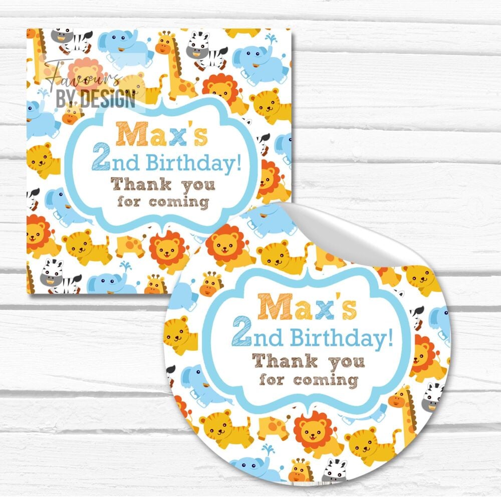 Blue Baby Animals Personalised Birthday Stickers Party Bag Labels 