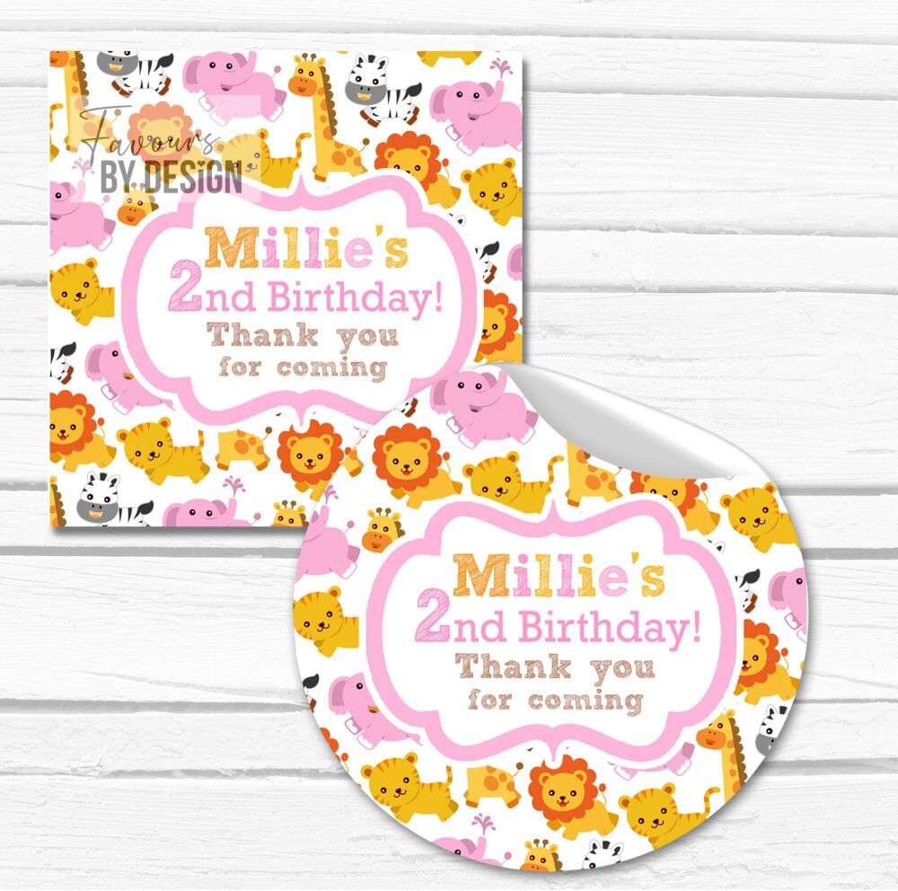 Pink Baby Animals Personalised Birthday Stickers Party Bags Labels