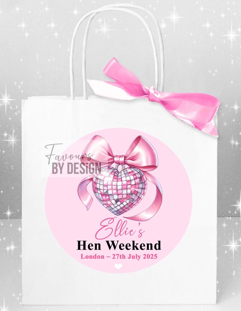 Pink Heart Disco Ball Bow Hen Party Bags x1