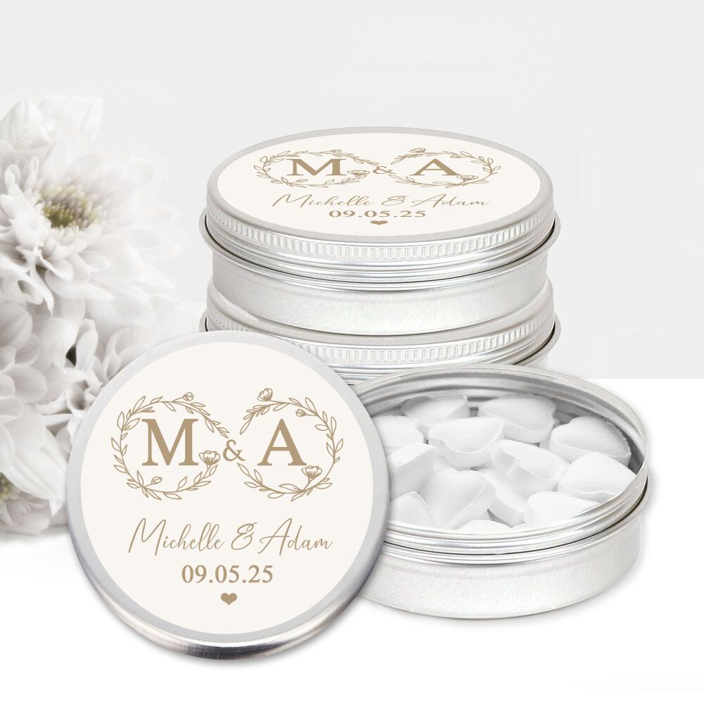 Personalised Wedding Favours Mint Tins Infinity Flowers Inititals x1