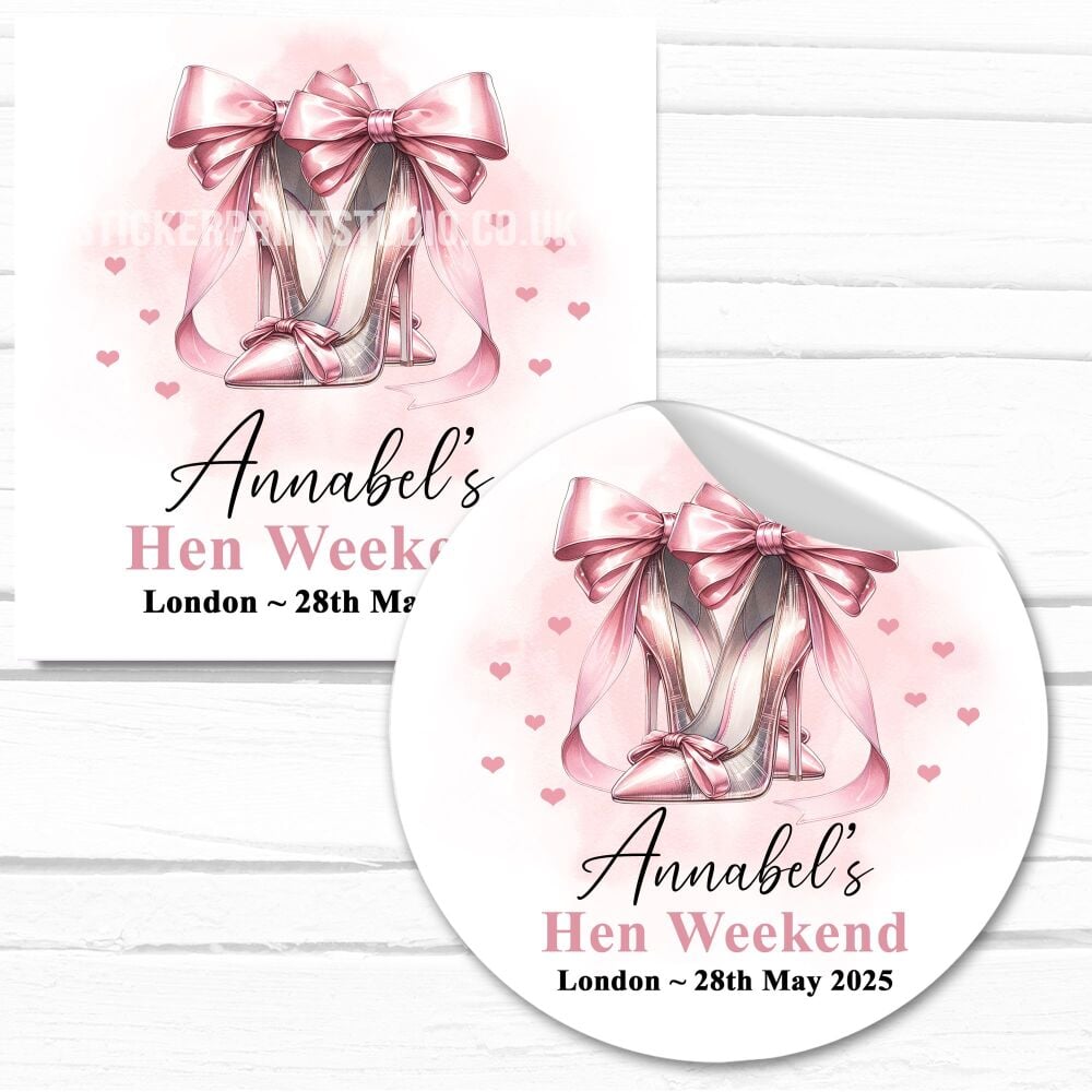 Personalised Hen Party Stickers Rose Gold Stilettos Bows