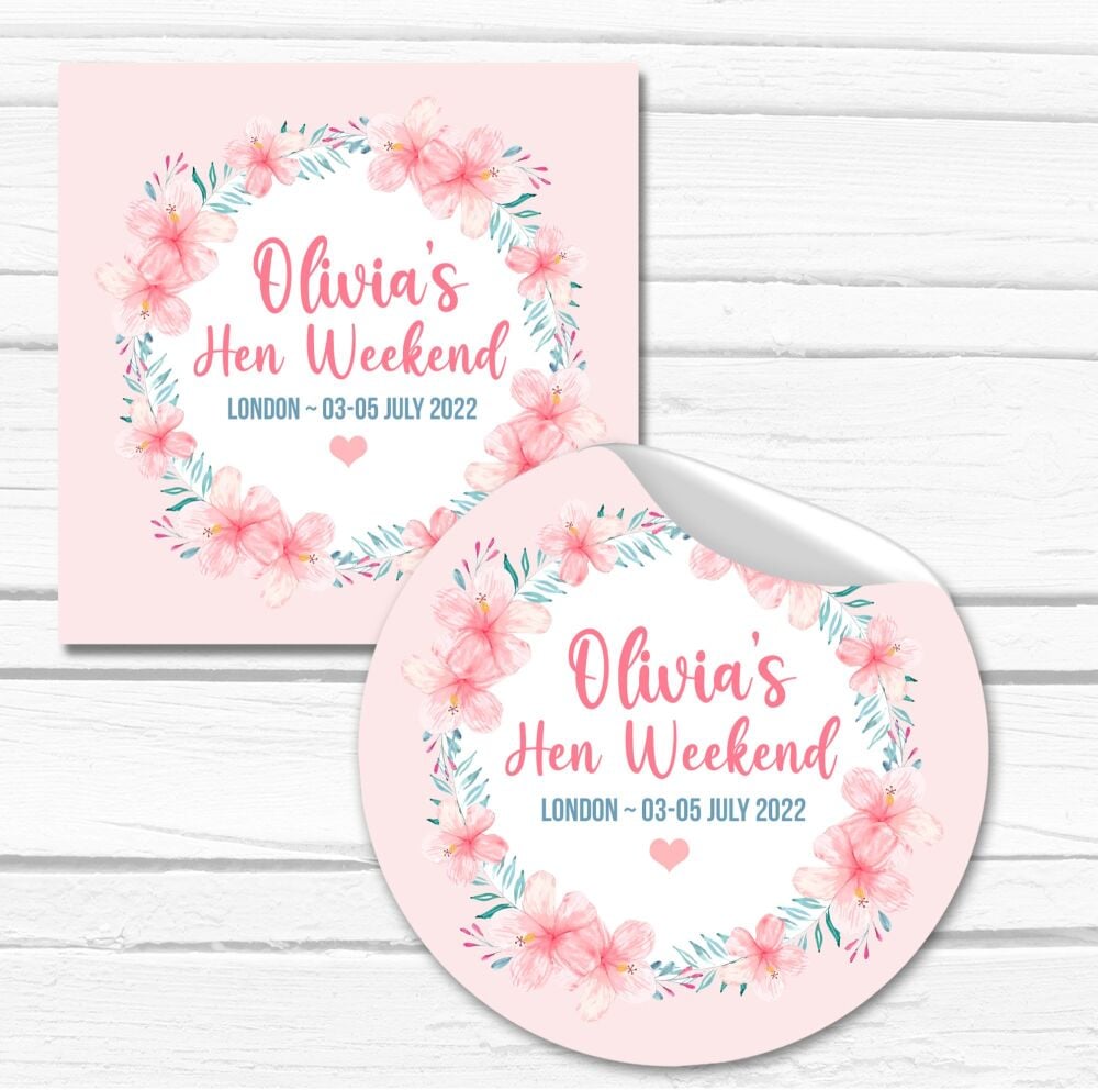 Pink Tropical Flowers Wreath Personalised Hen Party Stickers