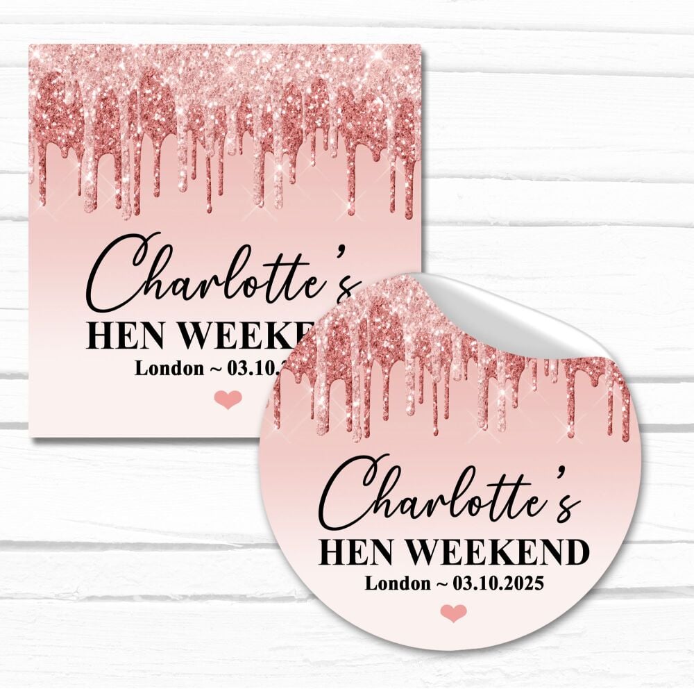 Personalised Hen Party Stickers Rose Gold Dripping Glitter