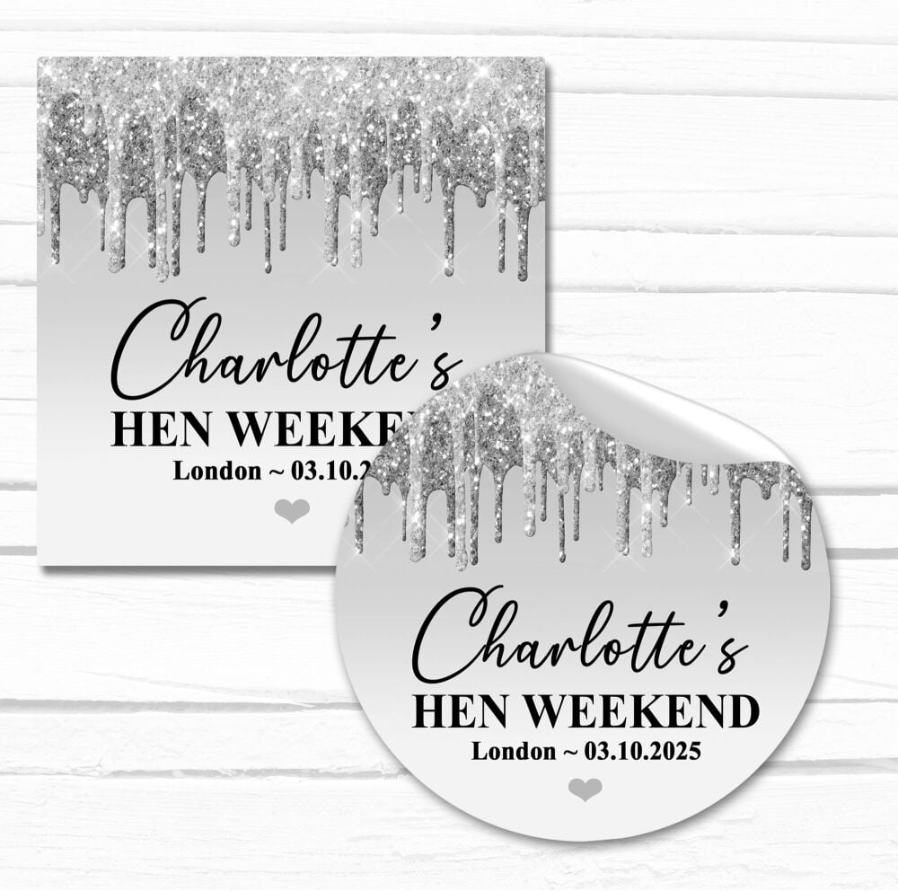 Personalised Hen Party Stickers Silver Dripping Glitter