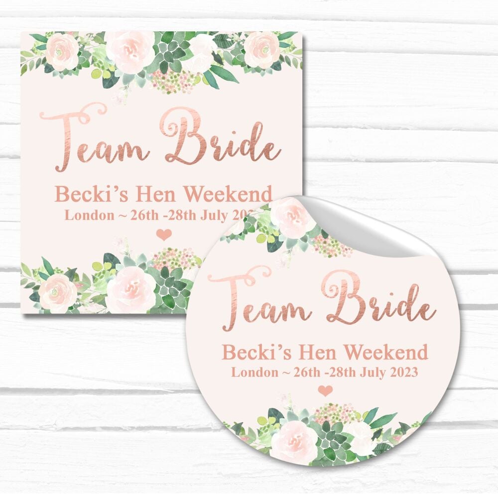 Personalised Hen Party Stickers Rose Gold Floral Team Bride