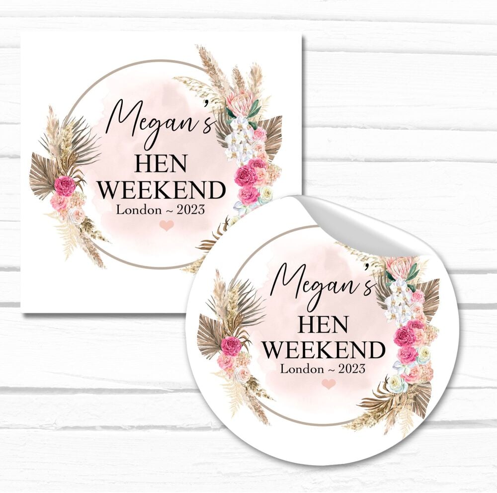 Pink Pampas Floral Frame Hen Party Stickers