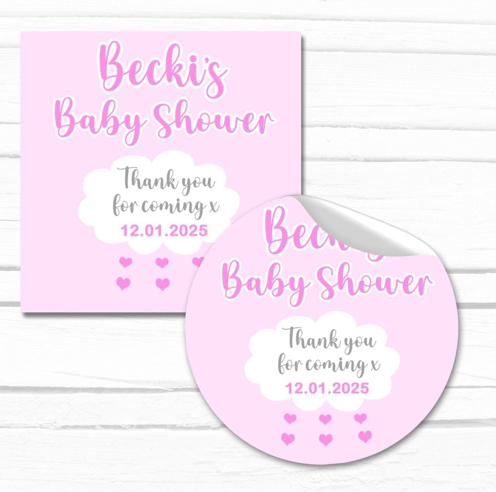 Pink Raincloud Personalised Baby Shower Party Stickers