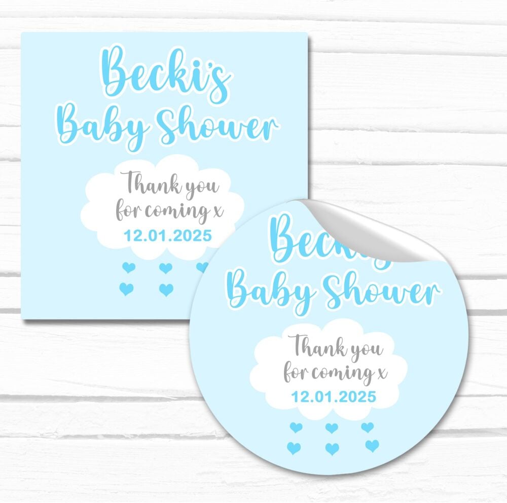 Blue Raincloud Personalised Baby Shower Party Stickers