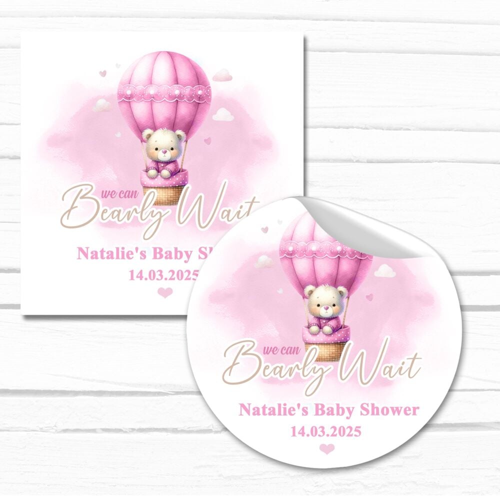 Pink Can Bearly Wait Air Balloon Baby Shower Party Stickers