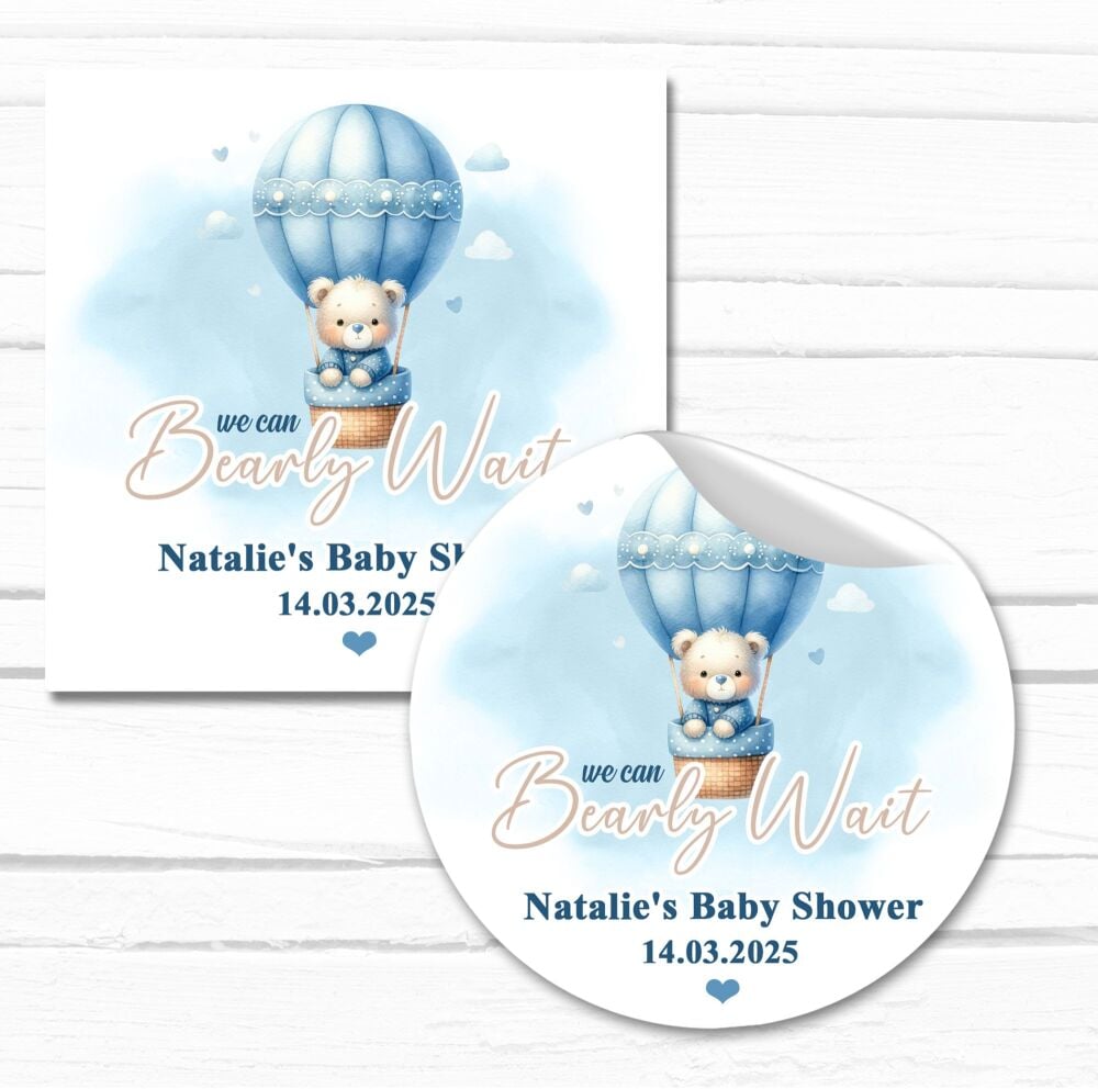 Blue Can Bearly Wait Air Balloon Personalised Baby Shower Party Stickers