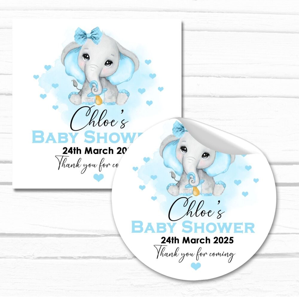 Blue Baby Elephant Personalised Baby Shower Party Stickers