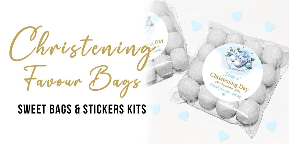 christening favours sweet bags and stickers kits