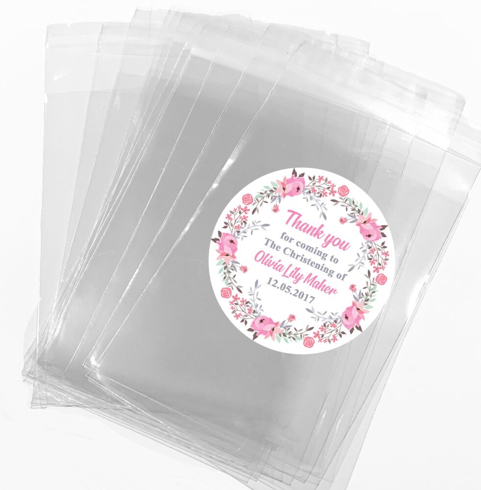 Pink Floral Wreath Christening Favours Sweet Bags Stickers Kits