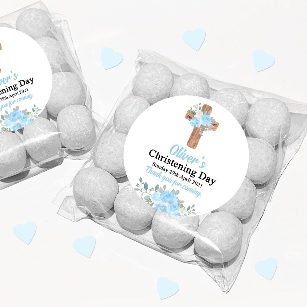 Blue Floral Wooden Cross Christening Favours Sweet Bags Stickers Kits
