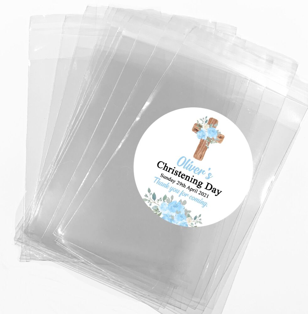 Blue Floral Wooden Cross Christening Favours Sweet Bags Stickers Kits