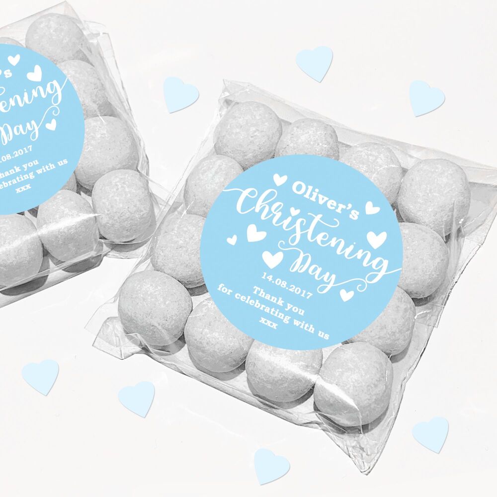 Blue Hearts Christening Favours Sweet Bags Stickers Kits