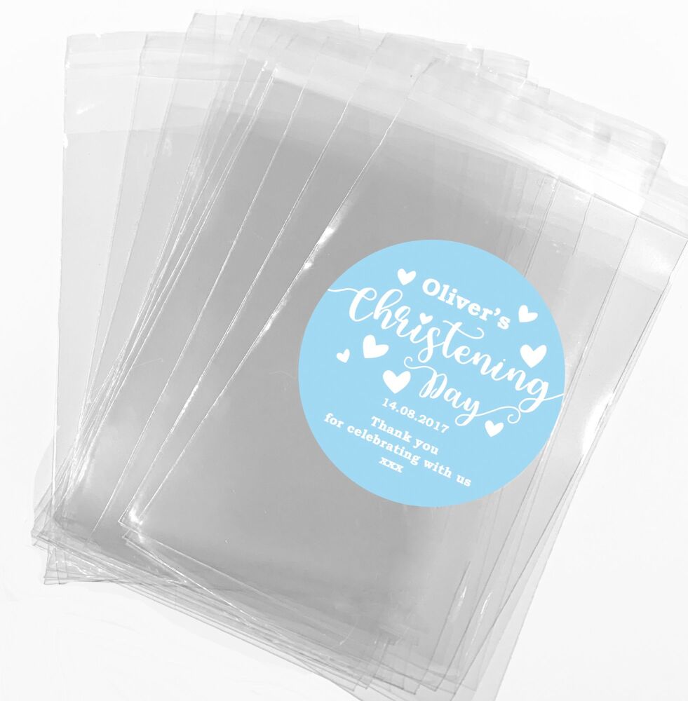 Blue Hearts Christening Favours Sweet Bags Stickers Kits