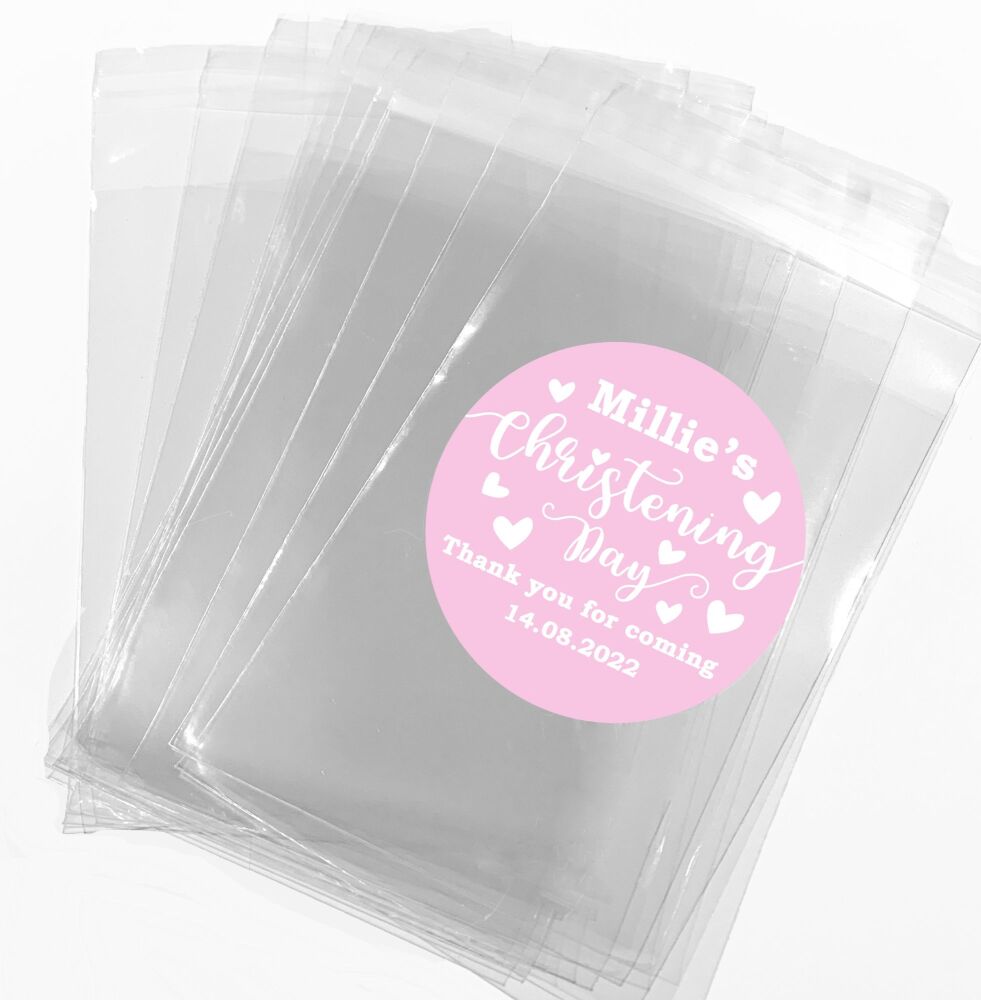 Pink Hearts Christening Favours Sweet Bags Stickers Kits