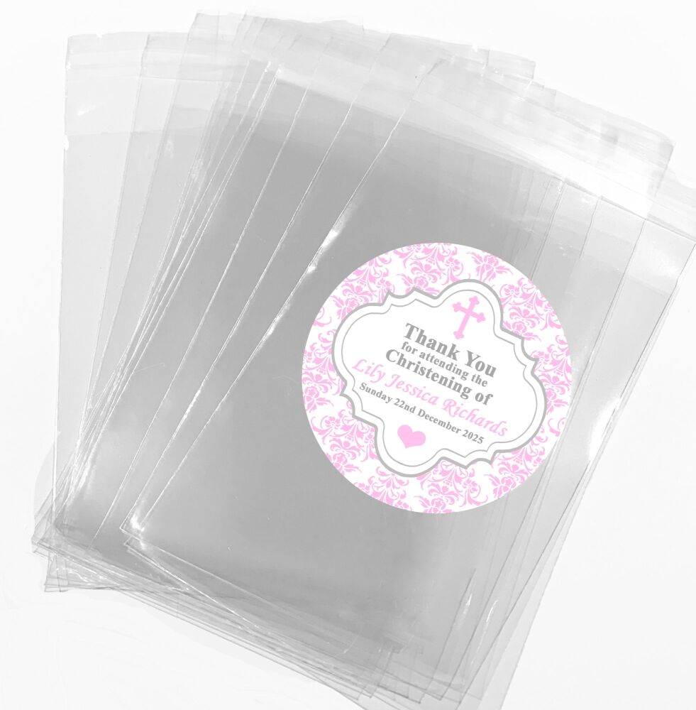 Pink Damask Cross Christening Favours Sweet Bags Stickers Kits