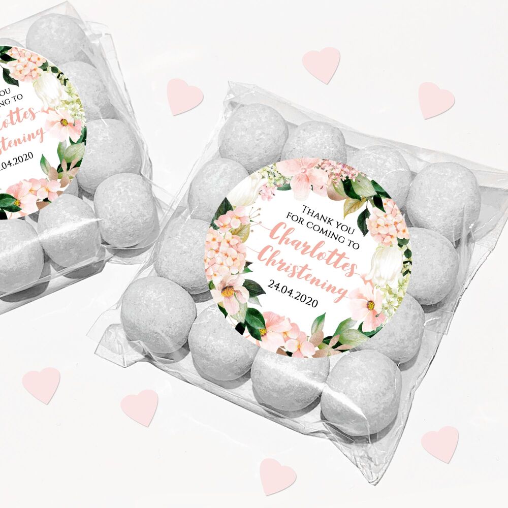 Blush Pink Hydrangeas Christening Favours Sweet Bags Stickers Kits