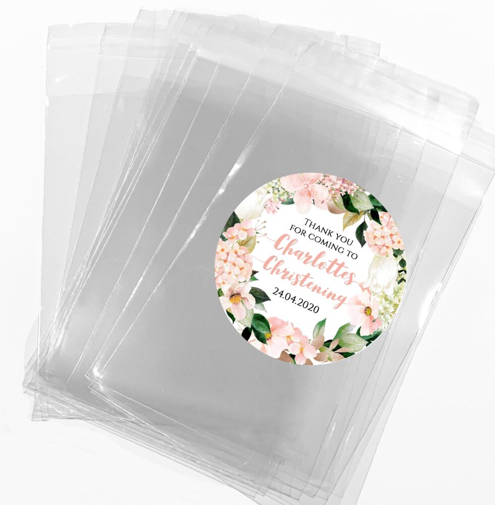 Blush Pink Hydrangeas Christening Favours Sweet Bags Stickers Kits