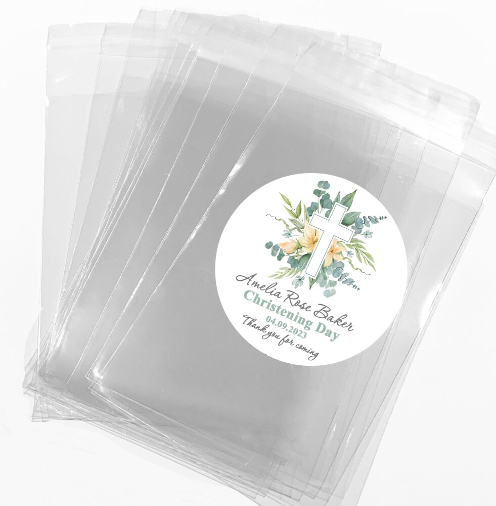 Floral Botanicals Cross Christening Favours Sweet Bags Stickers Kits