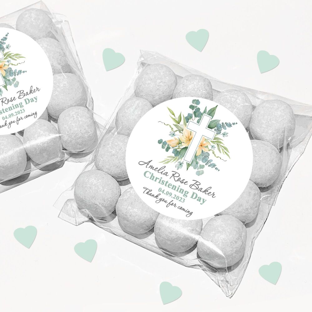Floral Botanicals Cross Christening Favours Sweet Bags Stickers Kits