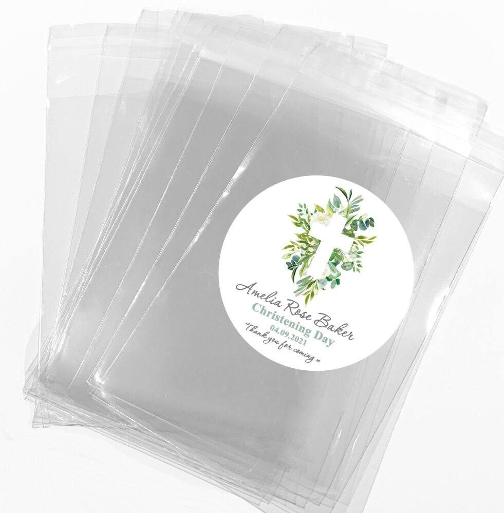 Botanicals Cross Christening Favours Sweet Bags Stickers Kits