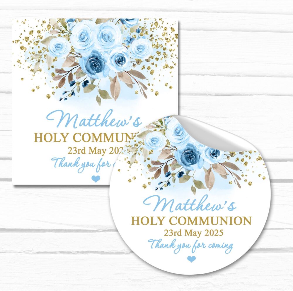 Personalised Holy Communion Stickers Blue Floral Gold Dust