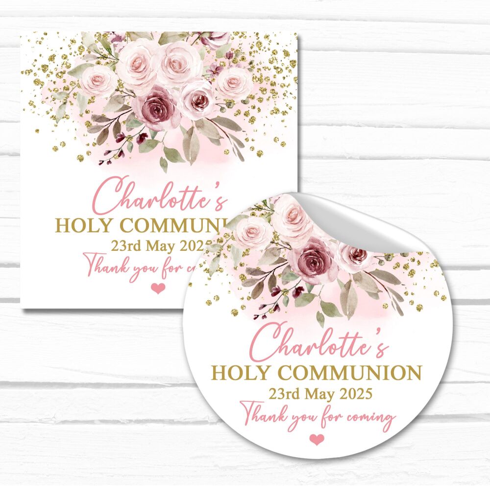 Personalised Holy Communion Stickers Blush Pink Burgundy Floral Gold Dust