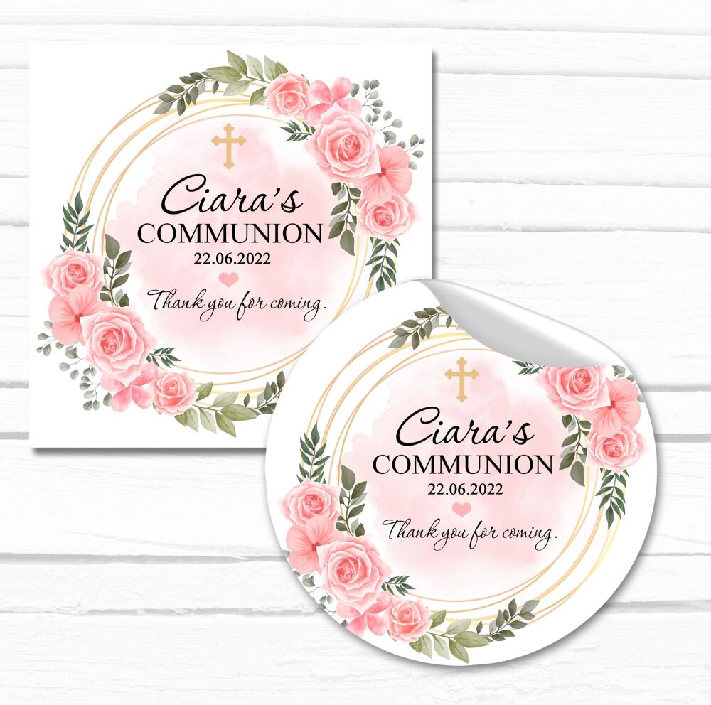 Personalised Holy Communion Stickers Rose Pink Floral Frame Cross