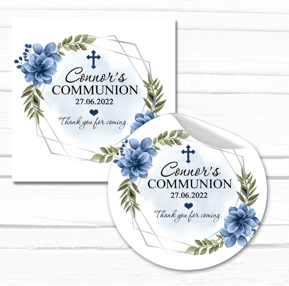 Personalised Holy Communion Stickers Blue Floral Frame Cross