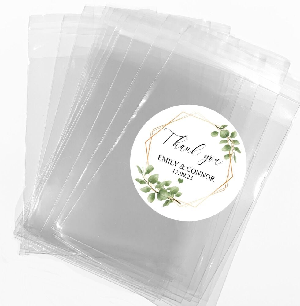 Botanicals Gold Frame Personalised Wedding Favours Sweet Bags Stickers Kits