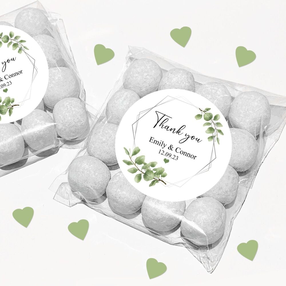 Botanicals Silver Frame Personalised Wedding Favours Sweet Bags Stickers Kits