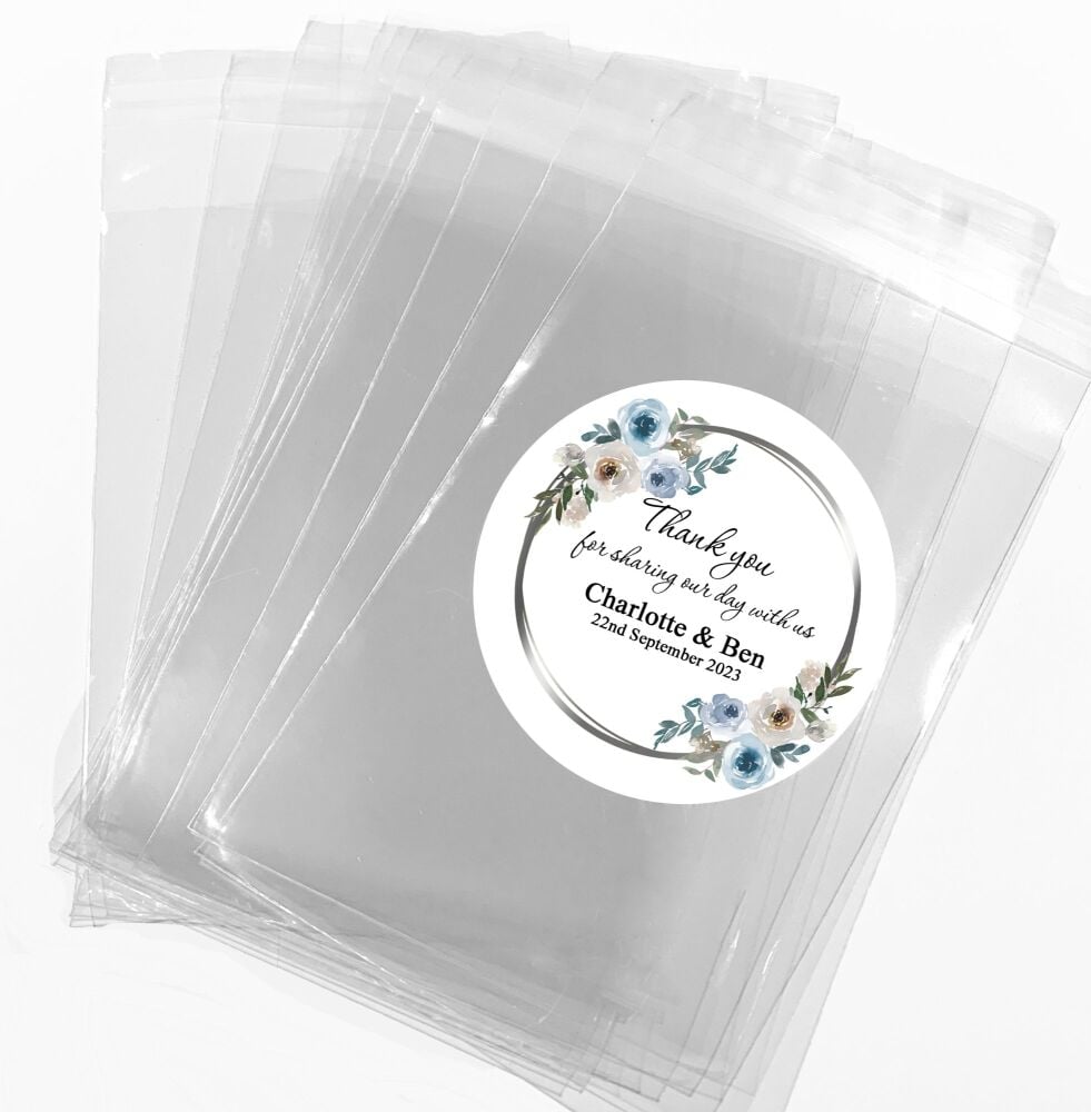 Dusty Blue Floral Frame Personalised Wedding Favours Sweet Bags Stickers Kits