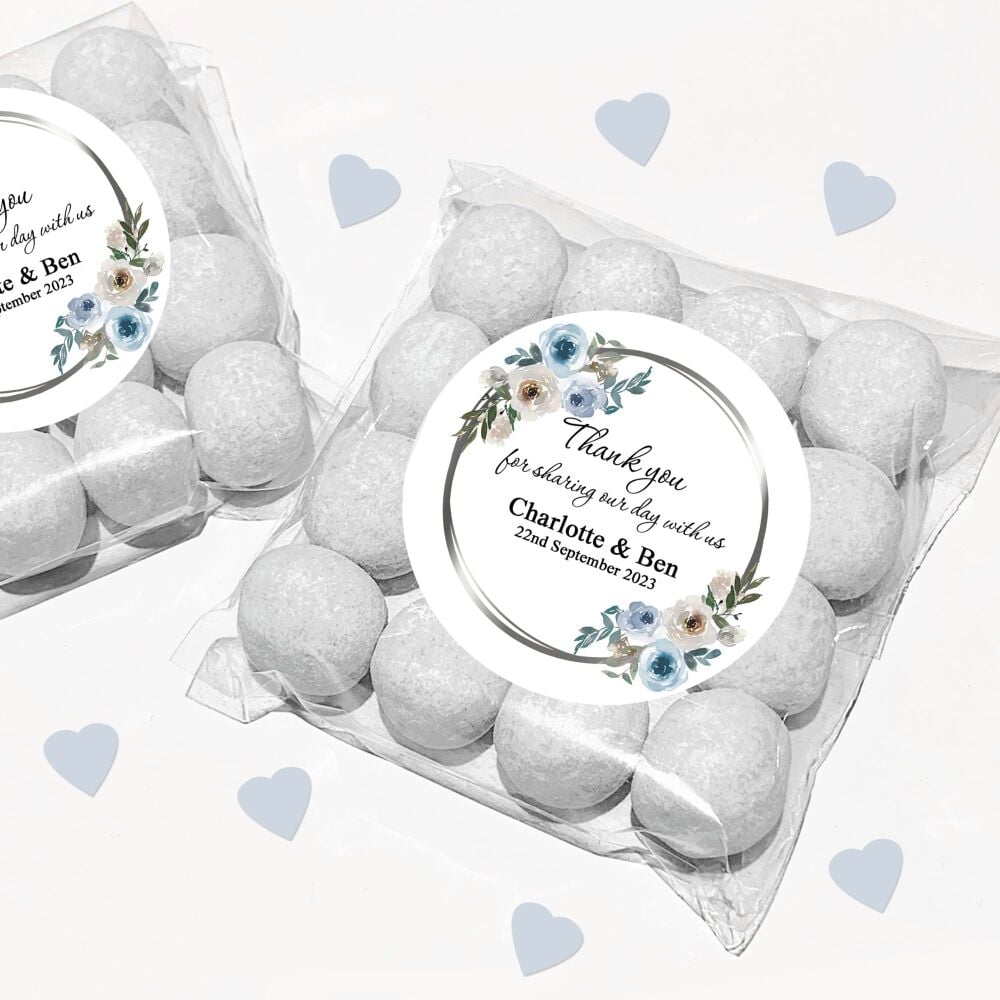 Dusty Blue Floral Frame Personalised Wedding Favours Sweet Bags Stickers Kits